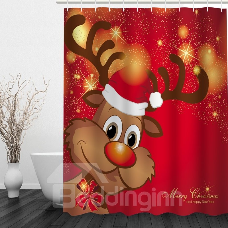 Cortina de ducha 3D para baño con tema navideño con estampado de renos de dibujos animados lindos