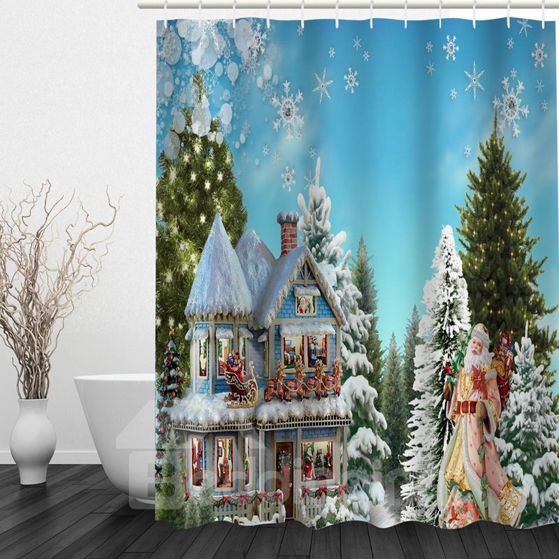 Cortina de ducha 3D para baño con tema navideño con estampado de Papá Noel y casa mágica en el bosque