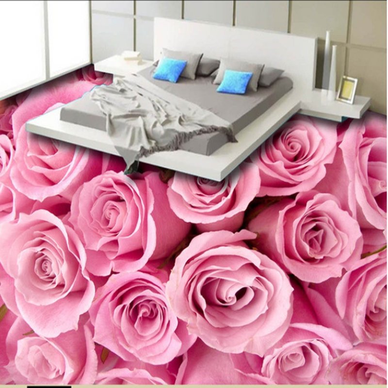 Murales de piso 3D impermeables decorativos para el hogar con patrón de rosas rosadas románticas