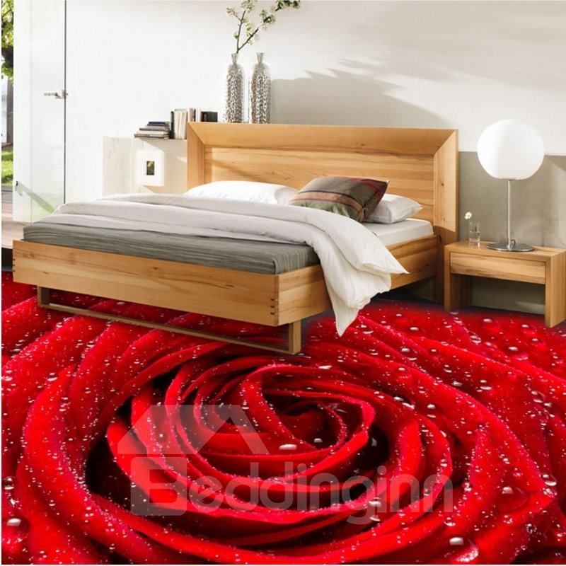 Murales decorativos impermeables para suelo 3D con diseño de rosa roja fresca y gotas de agua