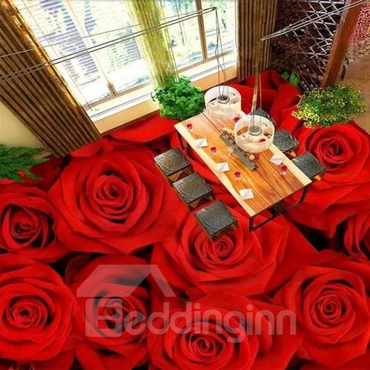 Murales de piso decorativos 3D con empalme impermeable y patrón de rosas románticas rojas