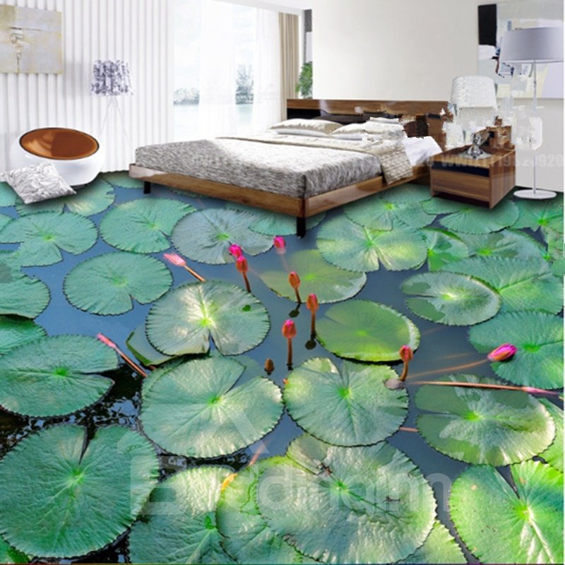 Murales de suelo 3D impermeables con diseño moderno universal de hojas de loto en el lago