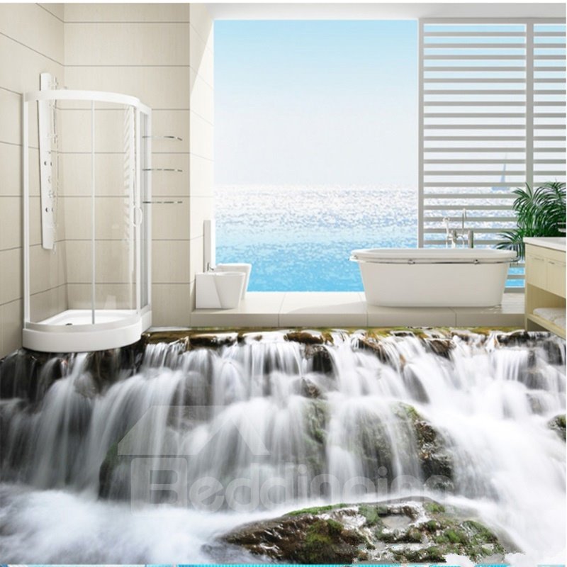 Murales de piso 3D para decoración de baño antideslizantes e impermeables con estampado de cascadas realistas