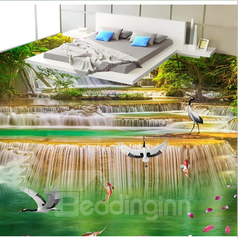 Murales de suelo 3D impermeables con estampado de paisajes de grullas blancas jugando en el arroyo