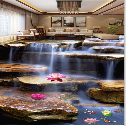 Rutschfeste und wasserdichte Spleiß-3D-Bodenwandbilder mit natürlichem Bach- und Lotusmuster