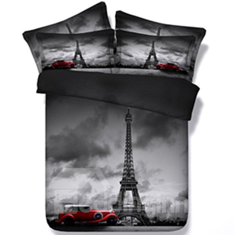 Juegos de edredón de 5 piezas con estampado elegante de la Torre Eiffel y coches antiguos
