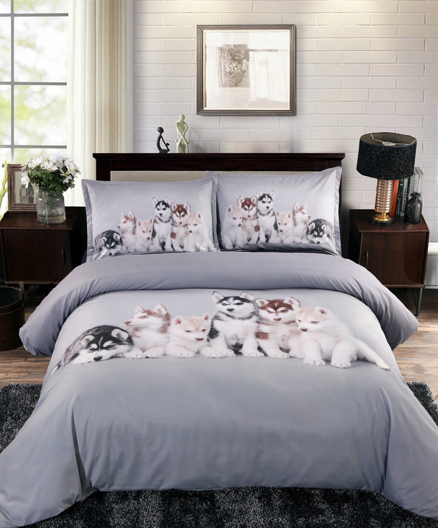 3D Husky Puppies Digital Printing 5-Piece Lightweight Warm Zipper Comforter Set with White Down Quilt for Spring and Summer