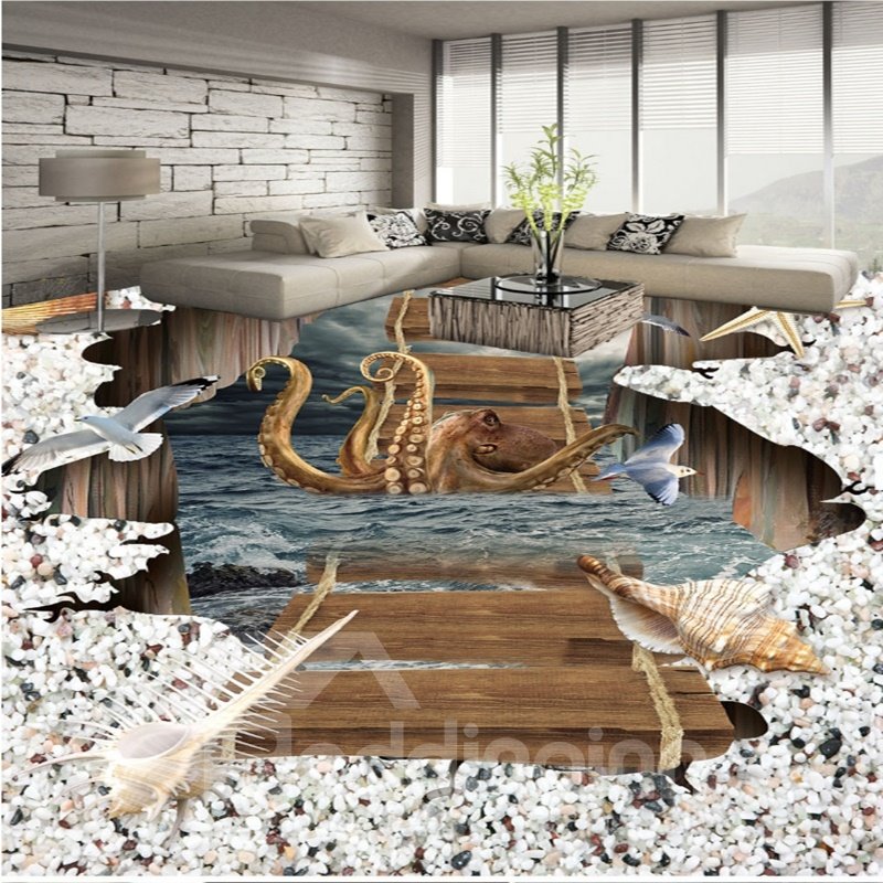 Realistischer, kreativer Oktopus auf der Hängebrücke, wasserfeste 3D-Bodenwandbilder im Druck