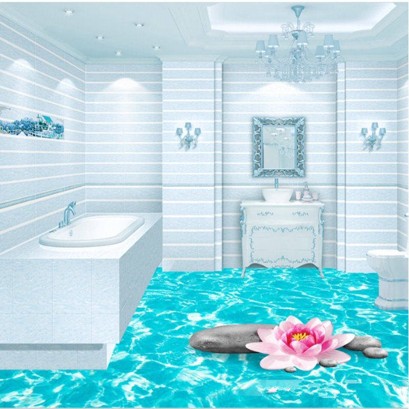 Murales de piso 3D antideslizantes e impermeables decorativos para el hogar con estampado de mar azul brillante