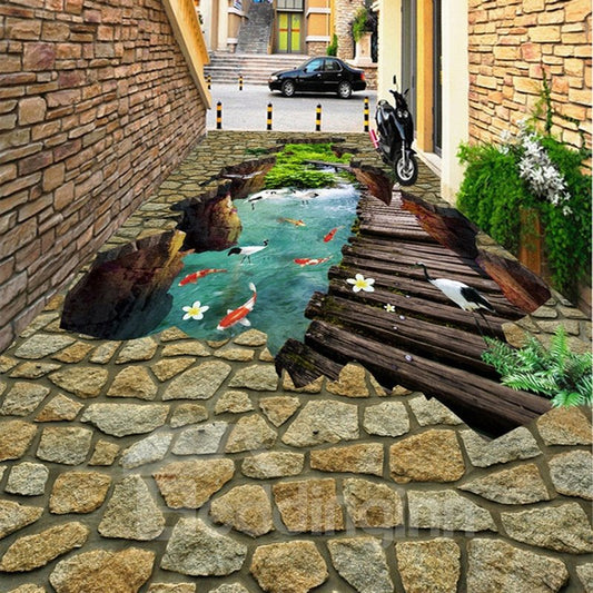 Murales de suelo 3D impermeables con diseño divertido de peces dorados en el río