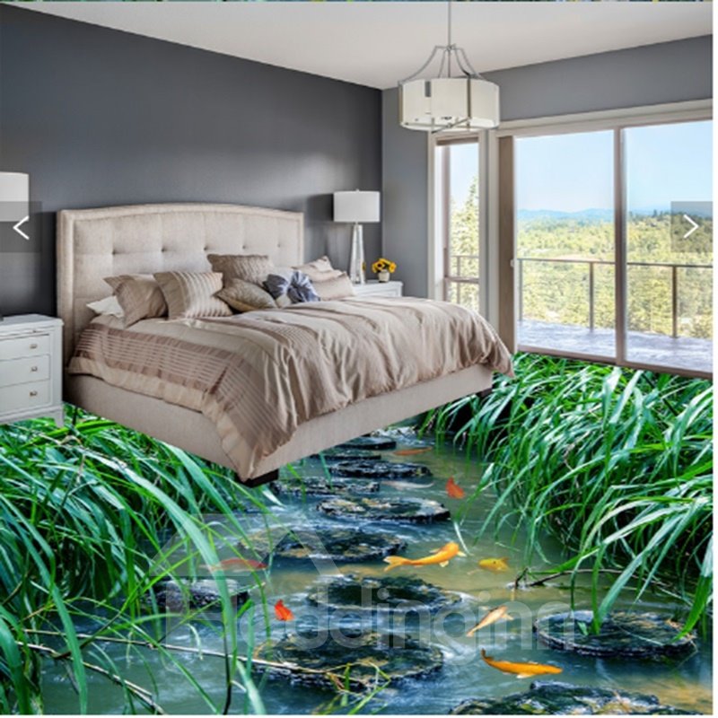 Wasserfeste 3D-Bodenwandbilder mit Natursteinweg und Fischen im Teich