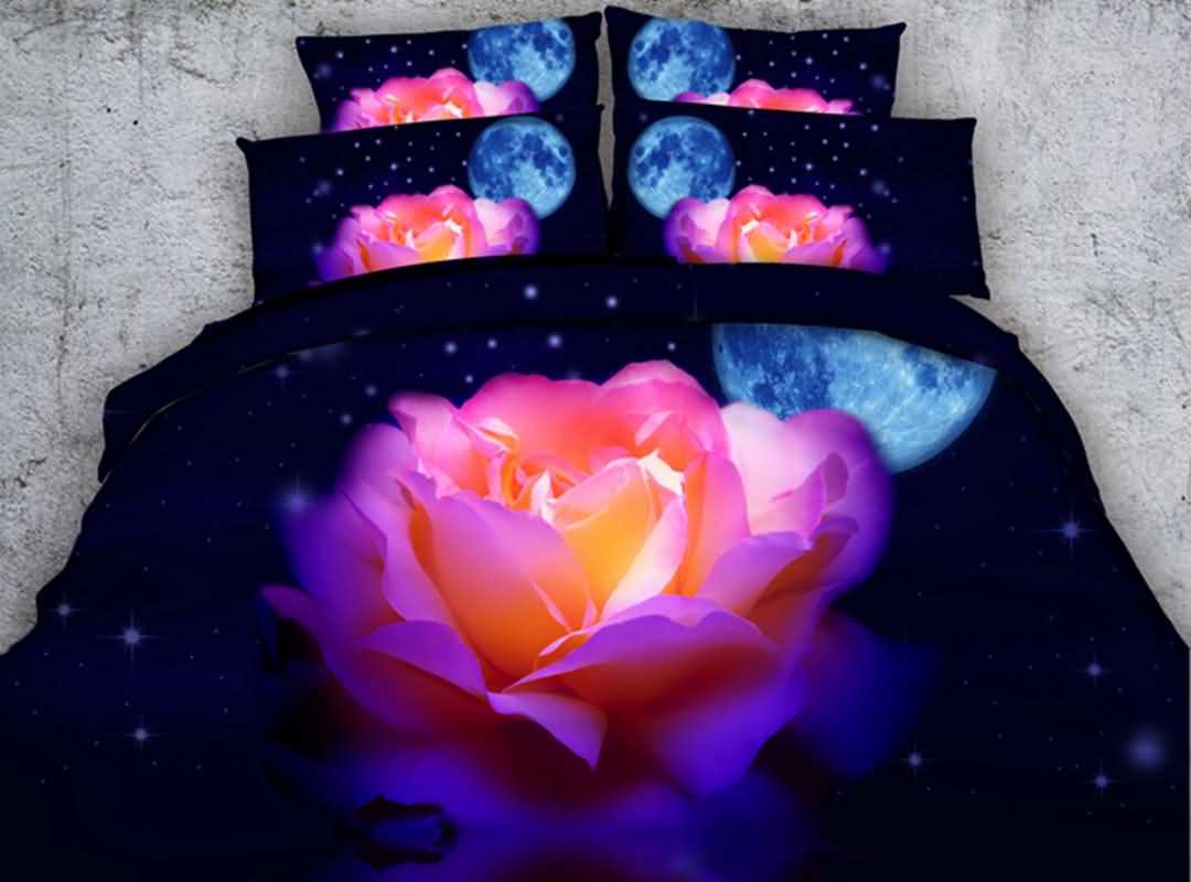 3D Blooming Pink Rose and Moon Bedrucktes 5-teiliges Bettdecken-/Bettwäscheset