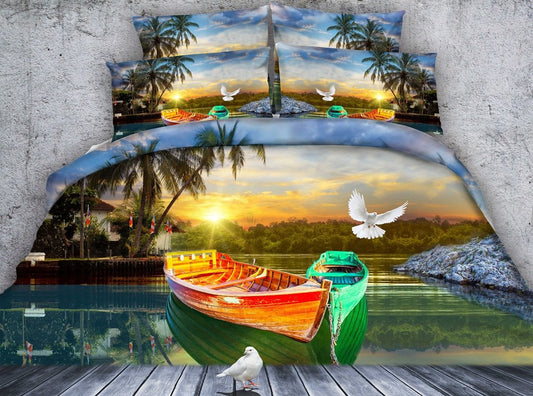 4-teiliges Bettwäsche-Set/Bettbezug-Set aus Polyester mit 3D-Aufdruck „Weiße Taube und koloriertes Boot“. 