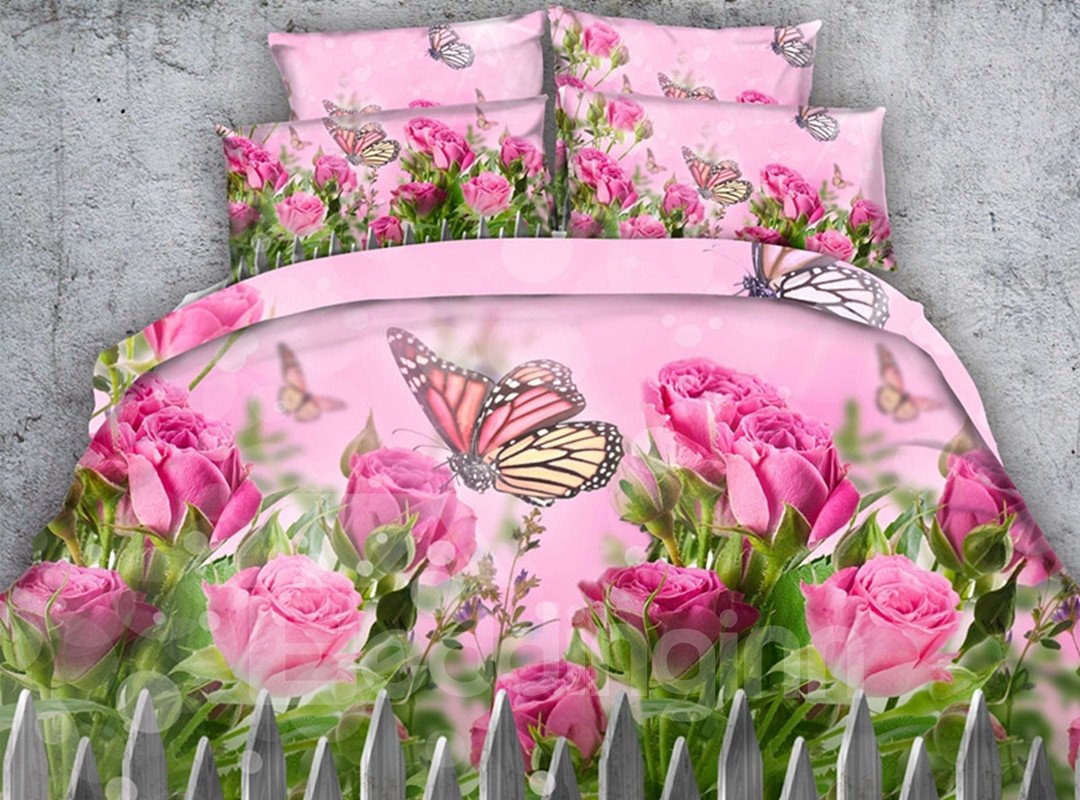 4-teilige 3D-Bettwäsche-Sets/Bettbezüge aus bedrucktem Polyester mit Schmetterlingen und rosa Rosen