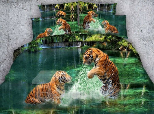 Juego de edredón de 5 piezas con estampado de dos tigres en 3D, juego de cama verde de poliéster