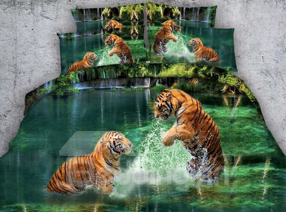 3D-Bettwäscheset mit zwei Tigern, die im Wasser spielen, bedruckt, 5-teilig, grünes Bettwäscheset aus Polyester