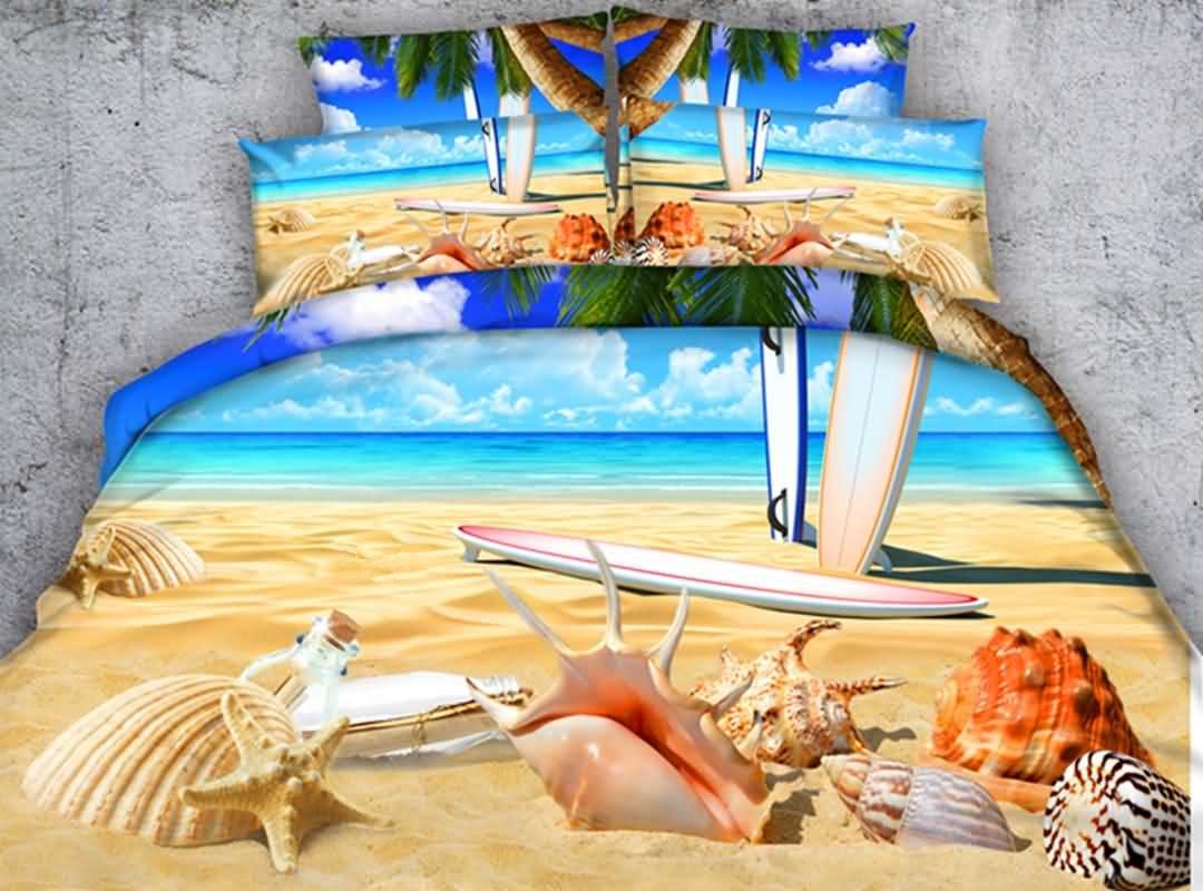 Wunderschöne Muschel und Seesterne am tropischen Strand, 3D-Druck, 5-teiliges Bettdecken-Set/Bettwäsche-Set, Polyester