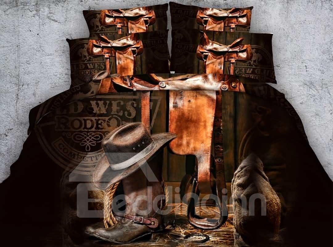 4-teilige 3D-Bettwäsche-Sets/Bettbezüge aus bedrucktem Polyester mit Cowboyhut und Stiefeln