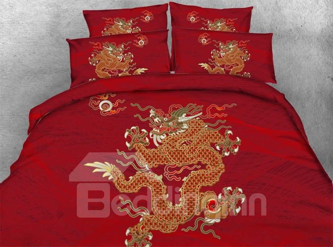 Oriental Golden Dragon Impreso 4 piezas Juego de cama rojo 3D / Juegos de funda nórdica Poliéster suave