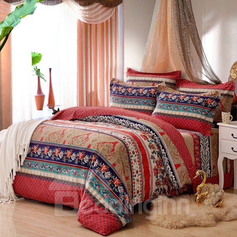 4-teilige Bettwäsche-Sets/Bettbezug aus Baumwolle mit farbenfrohem Bohemia-Streifendruck im exotischen Stil