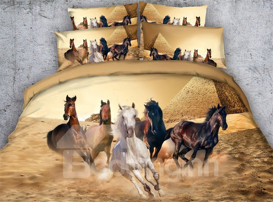 Juego de edredón/juego de cama de 5 piezas con estampado de caballos y pirámide en 3D, poliéster