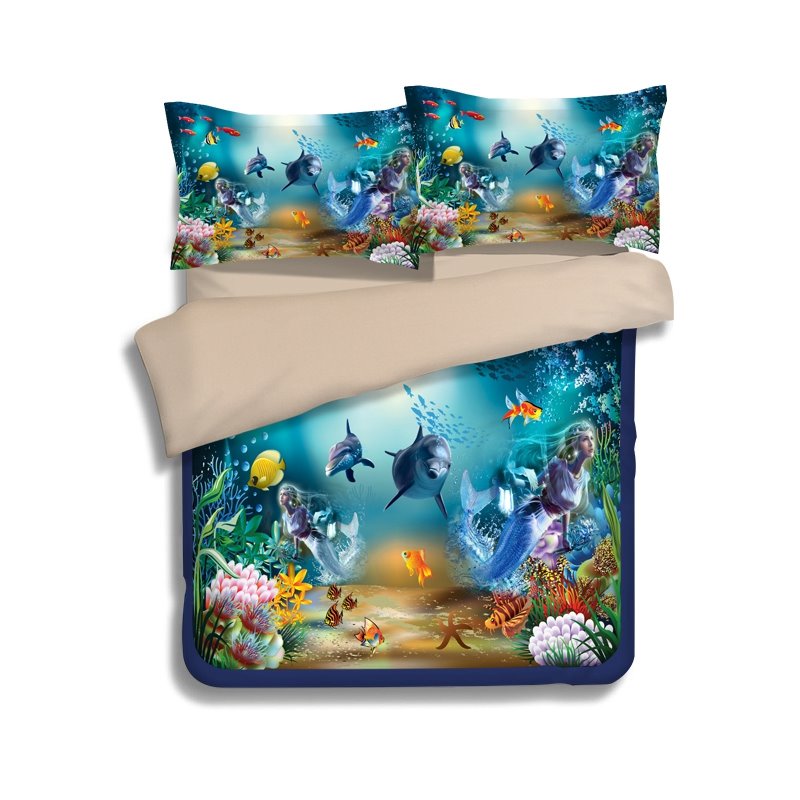 Verträumte 4-teilige Polyester-Bettbezug-Sets mit Delfin- und Meerjungfrauen-Print