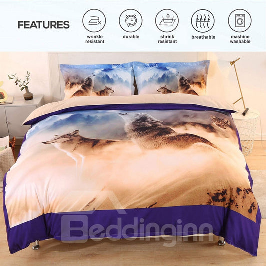 4-teilige Polyester-Bettbezug-Sets mit 3D-Druck „Heulende Wölfe“.