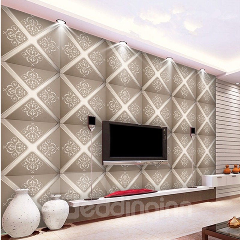 Murales de pared de decoración de sala de estar con patrón de cuadros de flores grises de diseño elegante