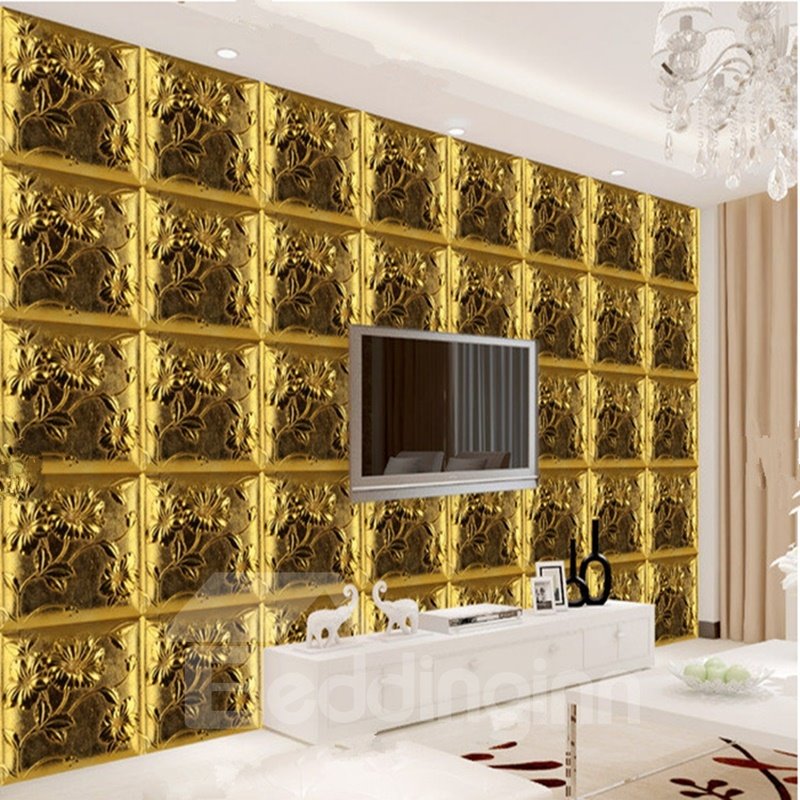 Murales de pared decorativos para el hogar con patrón de cuadros tridimensionales dorados de lujo
