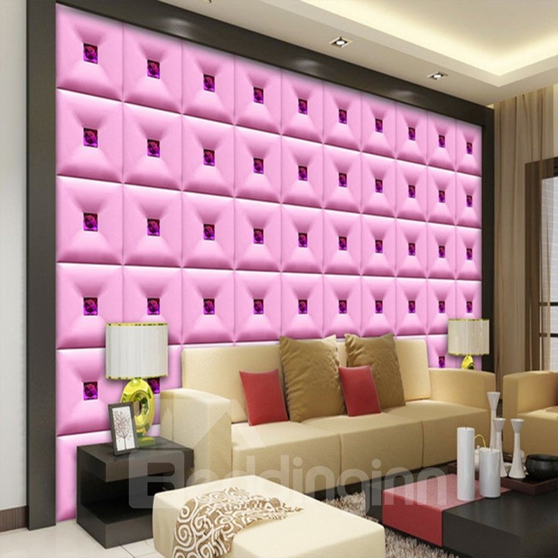 Murales de pared decorativos para el hogar con patrón de cuadros cuadrados tridimensionales de color rosa encantador