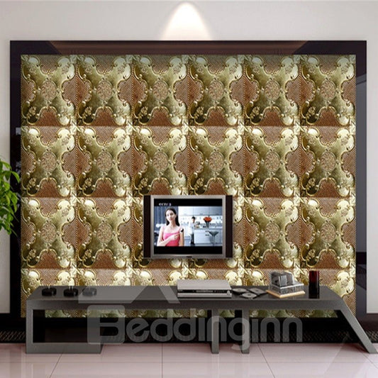 Brauner Hintergrund mit goldenen Blumen, Karomuster, TV-/Sofa-Hintergrund, 3D-Wandbilder