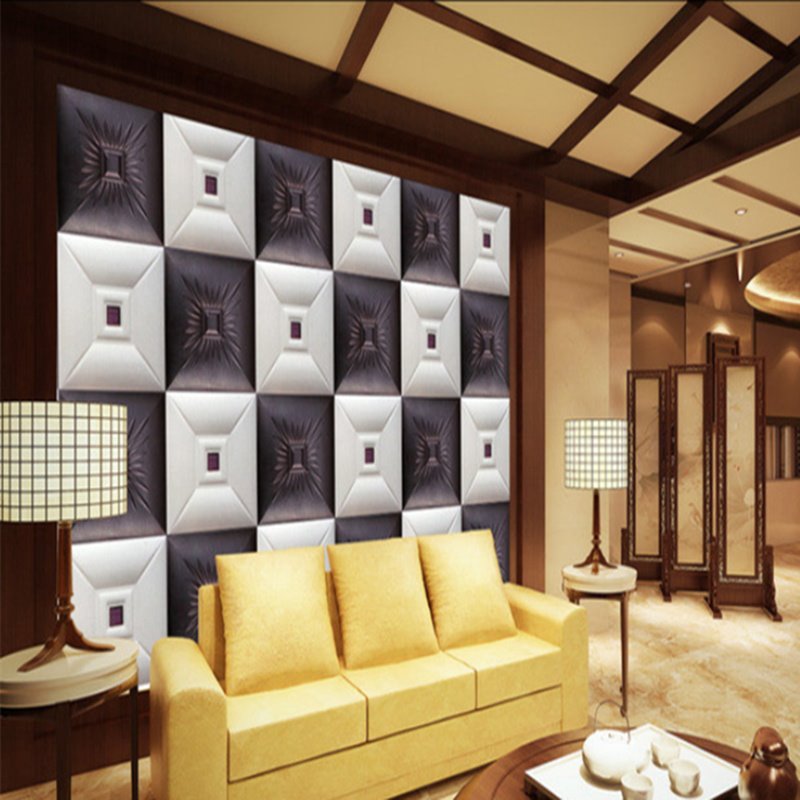 Blaue und weiße dreidimensionale quadratische Karomuster-Wohnzimmerdekorationswandbilder