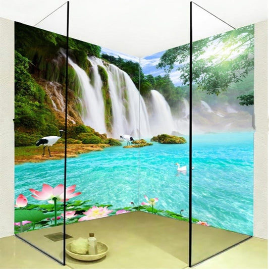 Murales de pared de baño impermeables 3D de cascada y lago