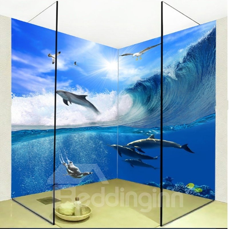 Murales de pared de baño impermeables 3D con mar azul y delfines