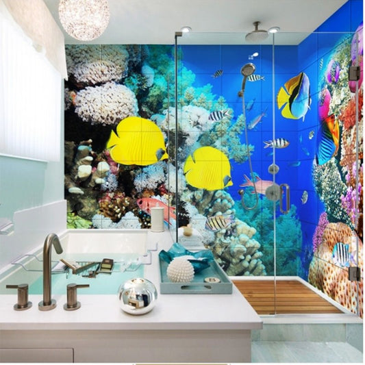 Erstaunlich schöne, wasserdichte 3D-Badezimmer-Wandbilder mit Fischen im Korallenmuster
