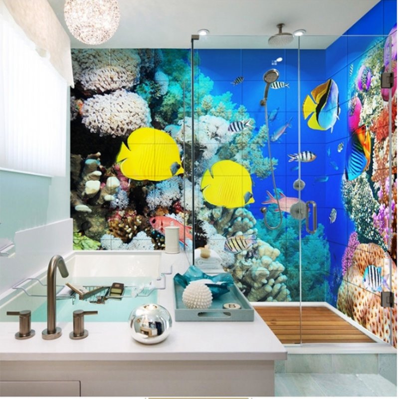 Erstaunlich schöne, wasserdichte 3D-Badezimmer-Wandbilder mit Fischen im Korallenmuster