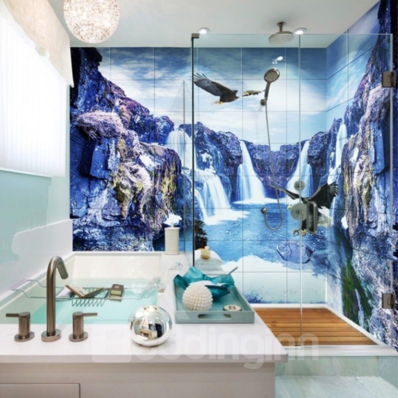 Murales de pared de baño 3D impermeables con diseño de cascadas naturales y águilas