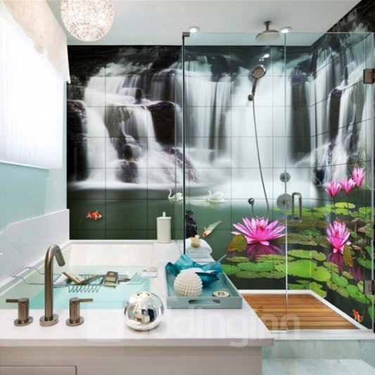 Murales de pared de baño 3D impermeables con diseño de cascadas y lotos realistas