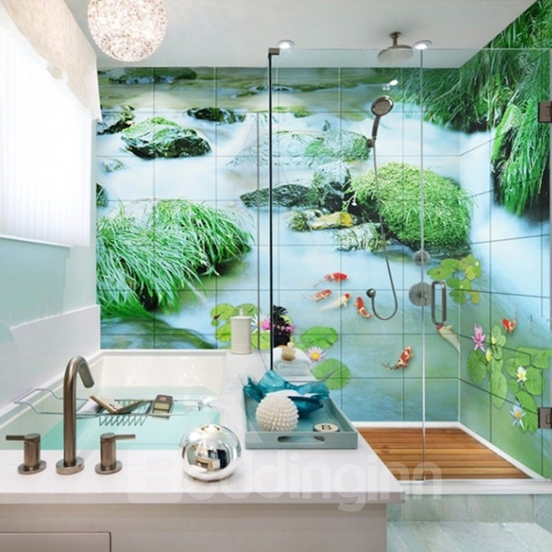 Murales de pared para baño 3D con diseño moderno de peces de colores naturales en el estanque