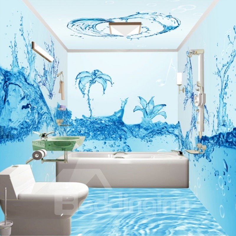 Murales de pared de baño 3D impermeables con patrón de flores de agua azul fresca creativa