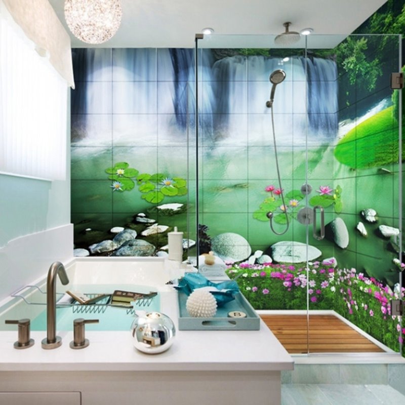 Murales de pared de baño 3D impermeables con patrón de paisaje de loto y cascadas elegantes