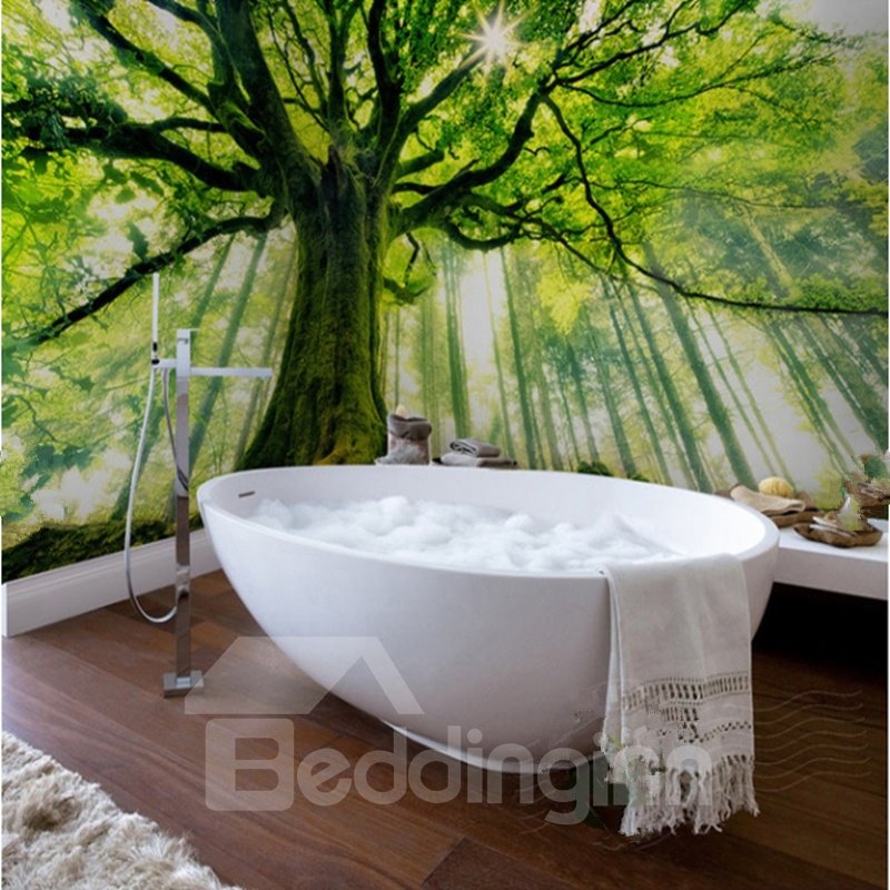 Murales de pared de baño 3D impermeables decorativos con diseño de patrón de árbol exuberante con luz solar