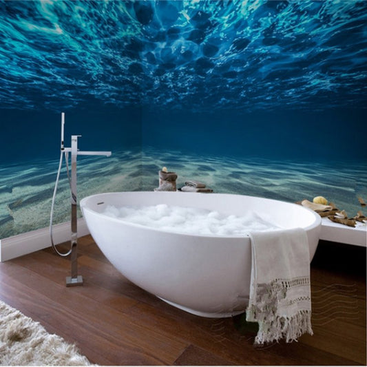 Murales de pared de baño ecológicos resistentes a prueba de humedad, impermeables, con patrón de océano azul en 3D