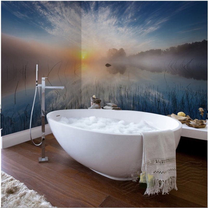 Murales de pared de baño 3D impermeables decorativos con patrón de paisaje de atardecer y río