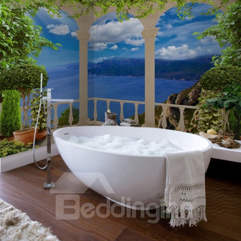 Murales de pared de baño 3D impermeables de estilo simple con patrón de paisaje de mar azul