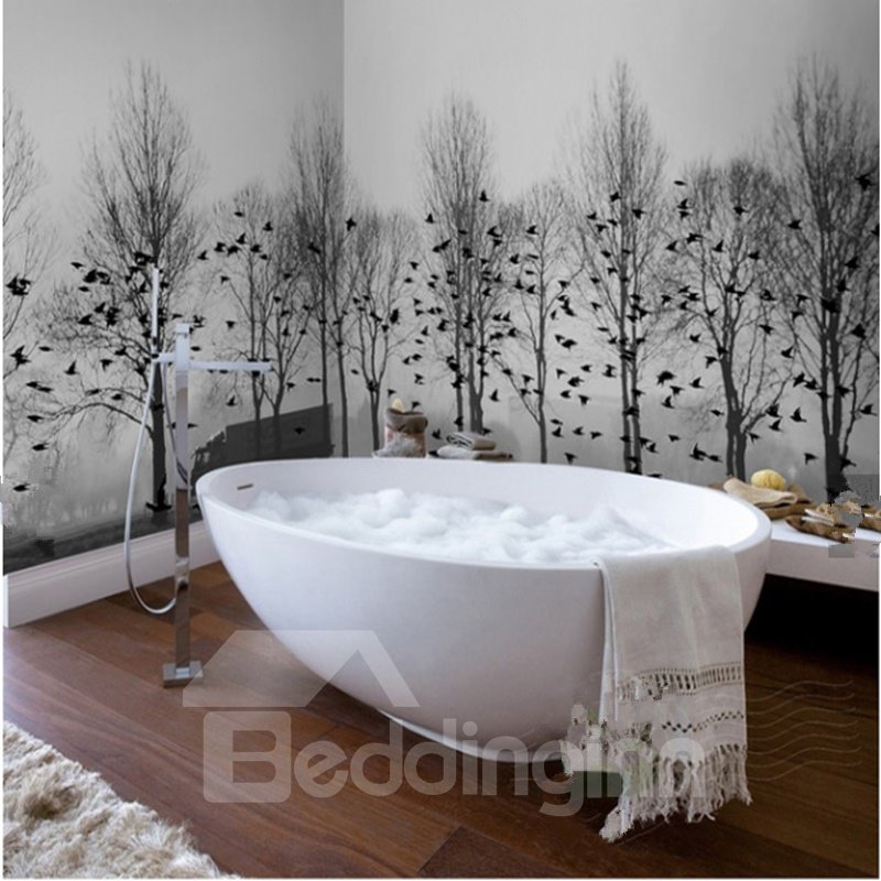 Murales de pared de baño 3D impermeables con diseño de pájaros y árboles blancos y negros