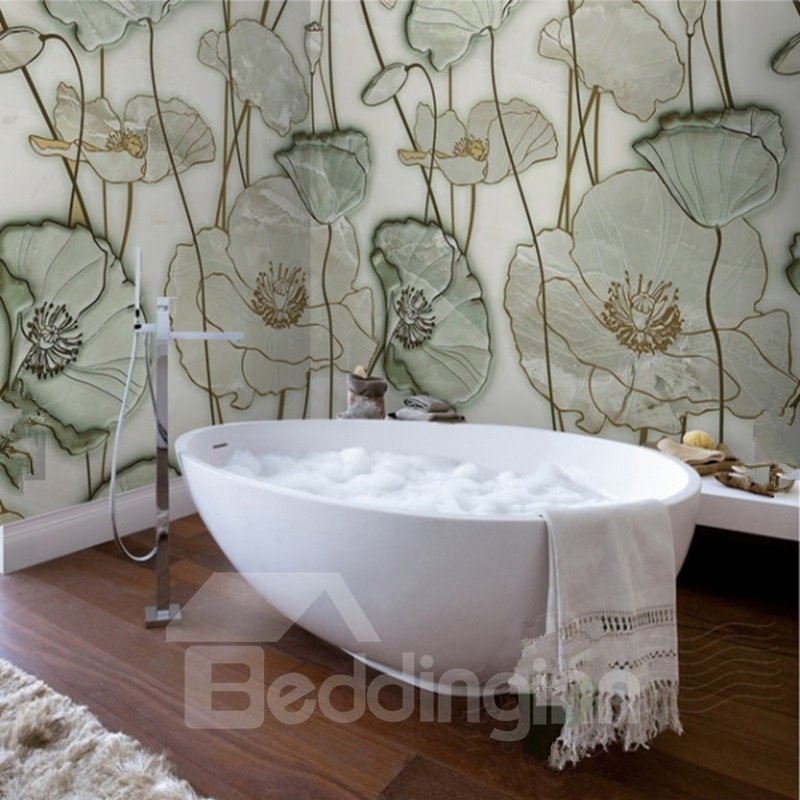 Murales de pared de baño 3D impermeables con patrón de hojas de loto de estilo simple clásico