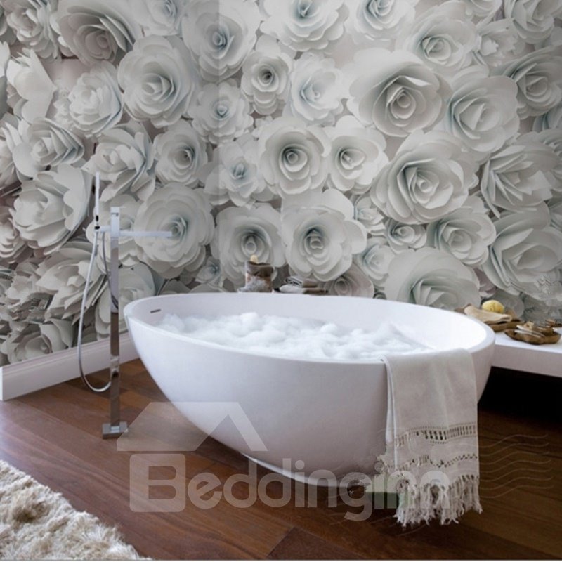 Murales de pared de baño 3D impermeables decorativos con diseño de patrón de rosas románticas blancas