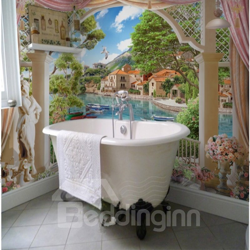 Wasserfeste 3D-Badezimmer-Wandbilder mit Haus am Flussufer und natürlichem Landschaftsmuster