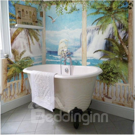 Kokospalmen und Küstenlandschaft im modernen Stil, wasserdichte 3D-Badezimmer-Wandbilder